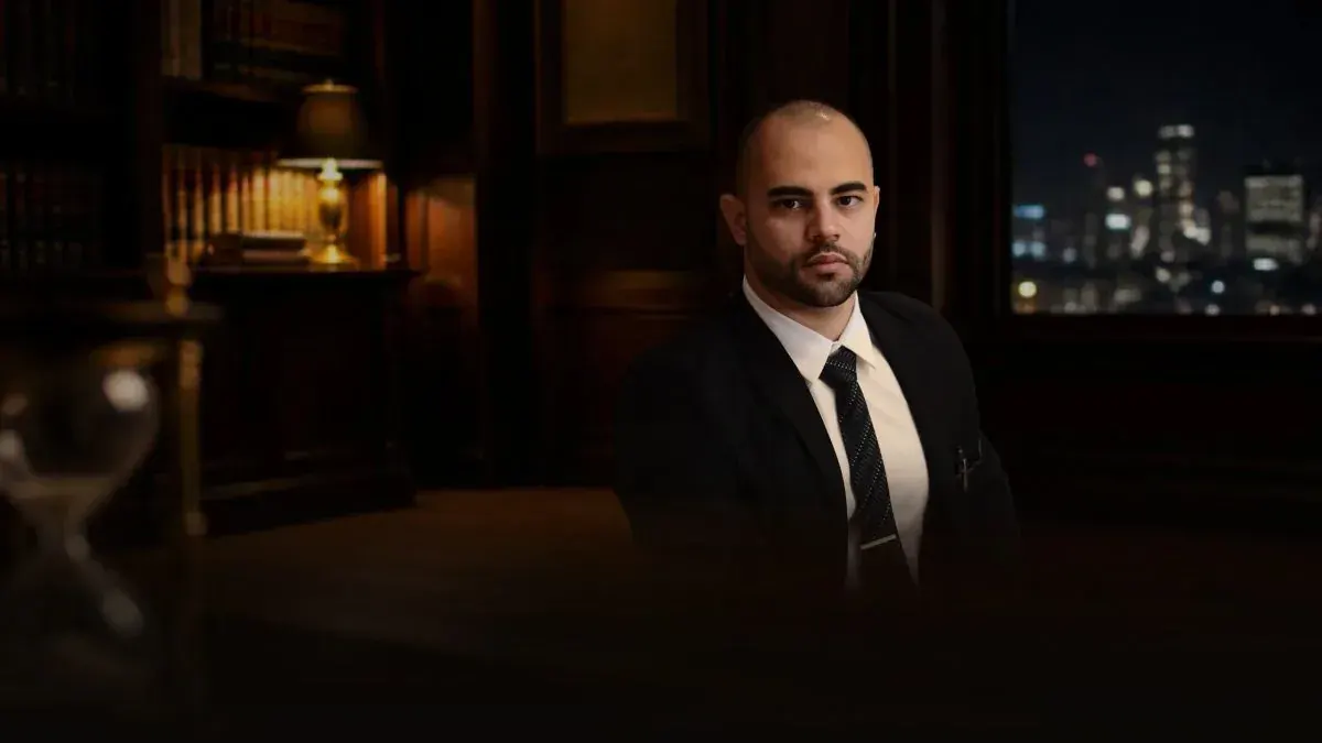 Renan Gaudereto Teixeira, advogado criminalista em Itutinga, de terno escuro, no escritório à noite, olhando para a câmera