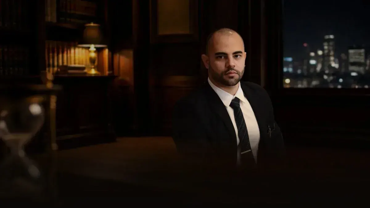 Renan Gaudereto Teixeira, advogado que atende casos de Maria da Penha em Distrito Industrial, de terno escuro, no escritório à noite