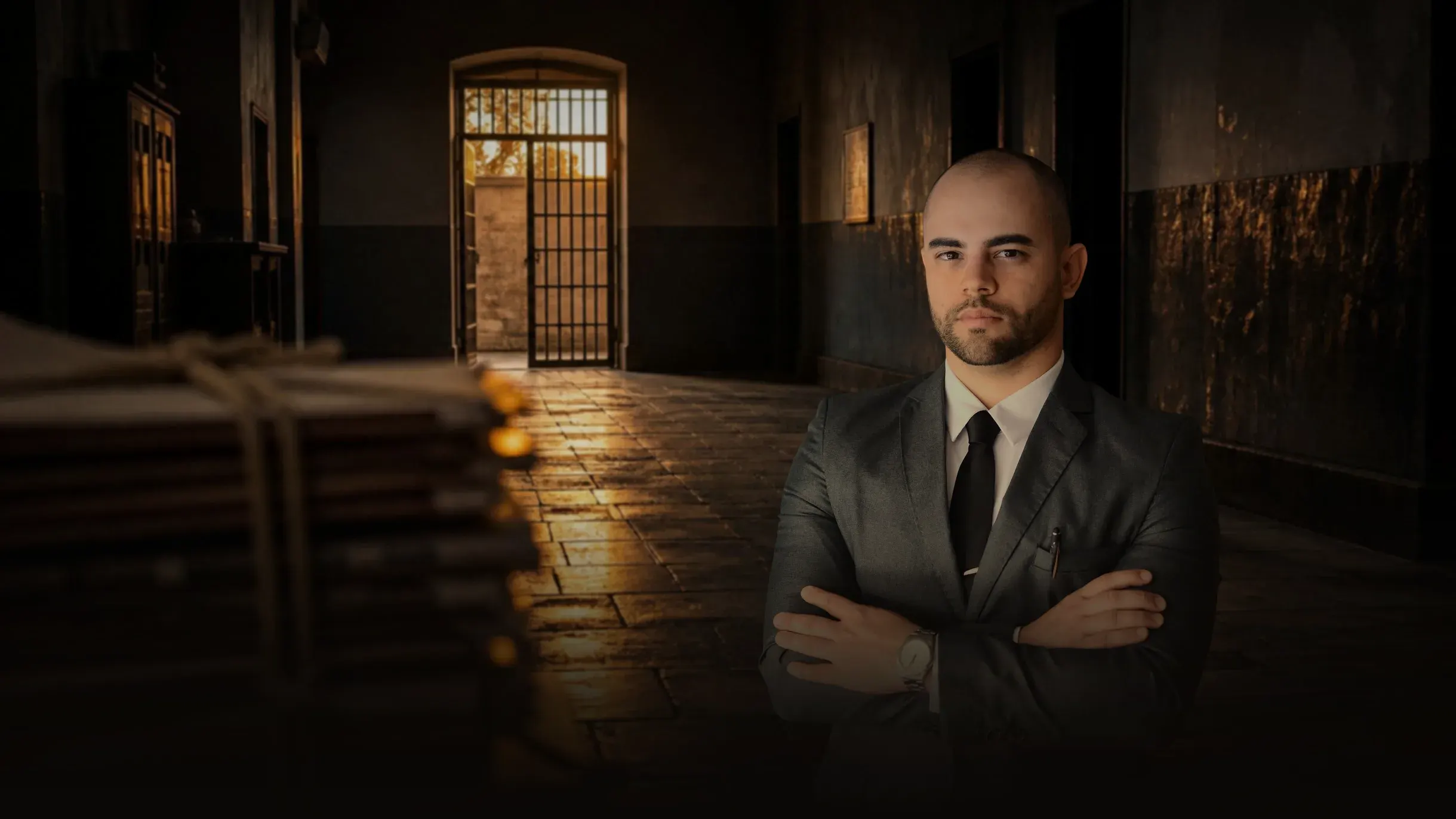 Renan Gaudereto Teixeira, advogado em progressão de regime, de braços cruzados no corredor de uma unidade prisional com o portão aberto ao fundo