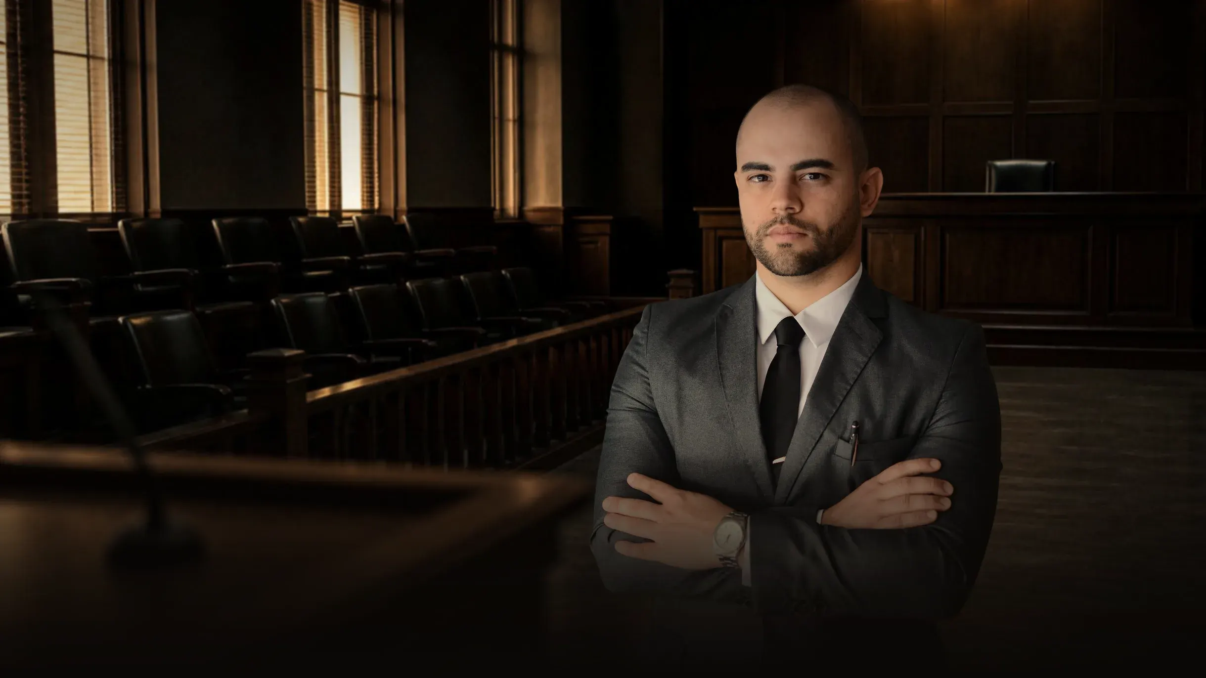 Renan Gaudereto Teixeira, advogado no tribunal do júri, de braços cruzados no plenário vazio, com a bancada dos jurados ao fundo