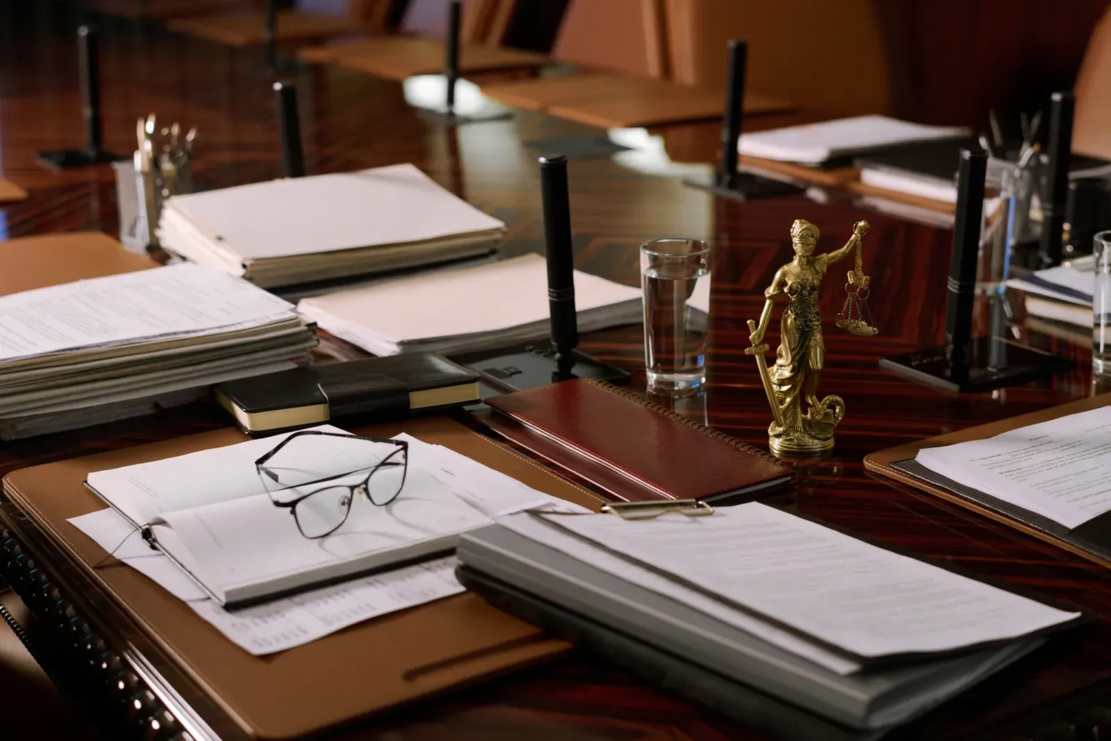 Mesa de audiência com processos, óculos sobre os papéis e uma estatueta da Justiça, onde o advogado criminalista acompanha cada fase do caso